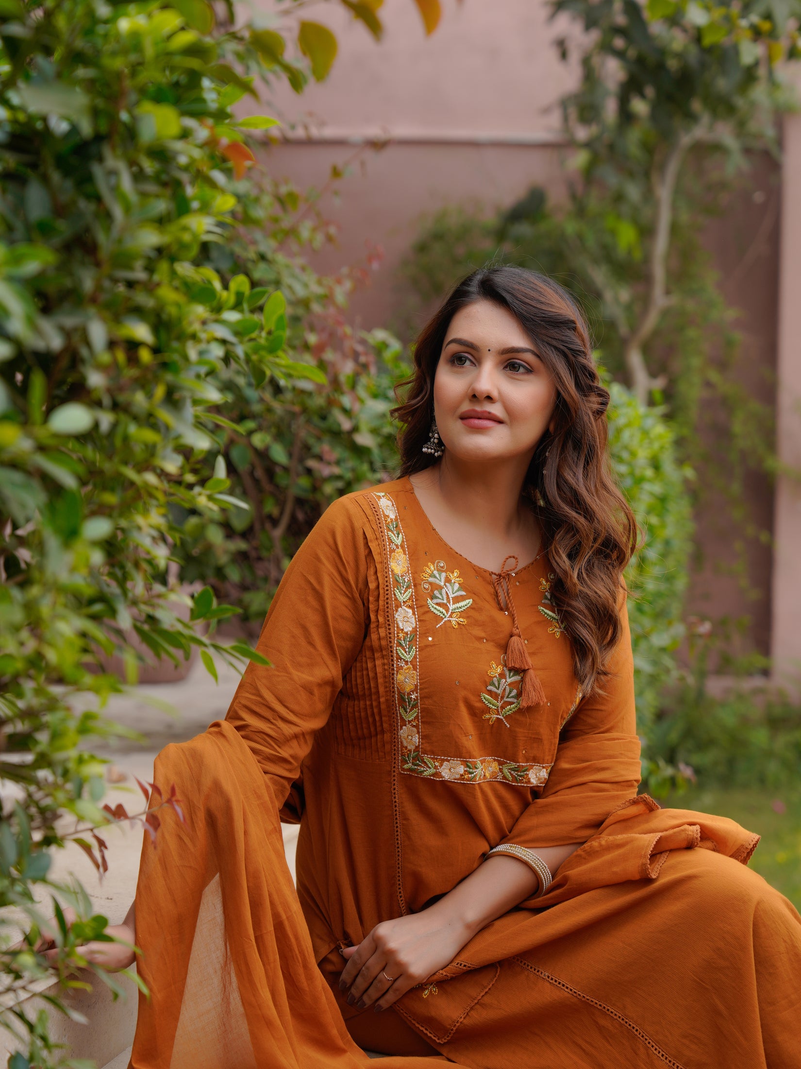 Ebbani Women’s Cotton Embroidered Rust Kurta Set with Dupatta