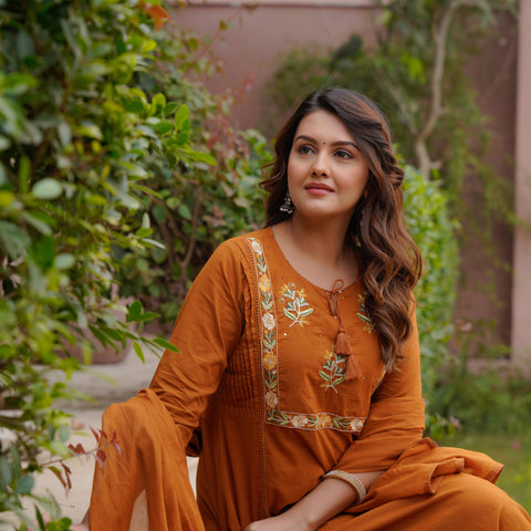 Ebbani Women’s Cotton Embroidered Rust Kurta Set with Dupatta