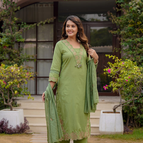 Ebbani Women’s Cotton Embroidered Kurta Set with Dupatta