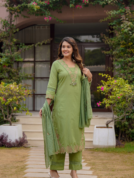 Ebbani Women’s Cotton Embroidered Green Kurta Set with Dupatta