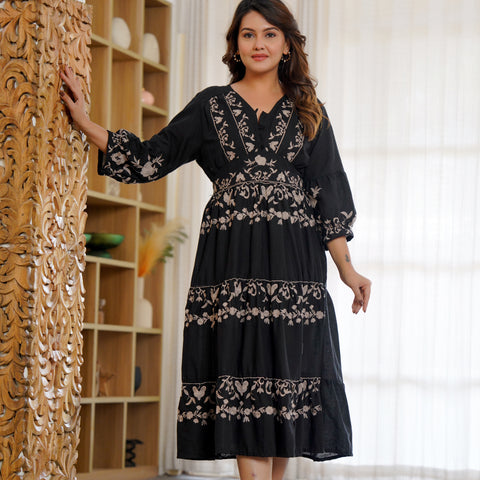 Cotton Hand Embroidered Floral Black Dress
