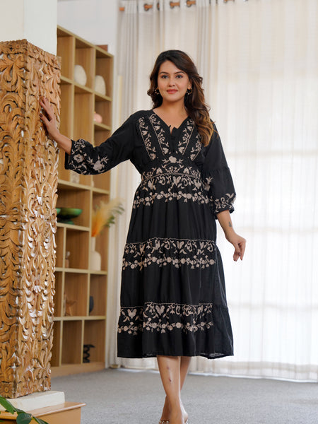 Cotton Hand Embroidered Floral Black Dress