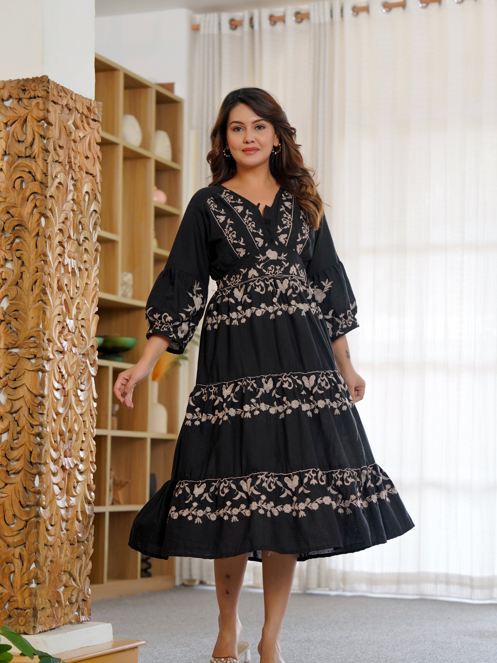 Cotton Hand Embroidered Floral Black Dress