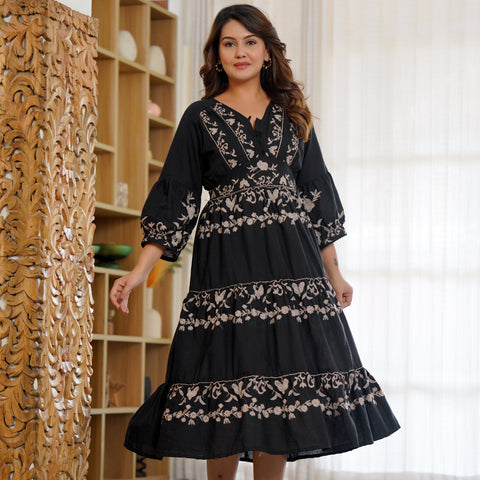 Cotton Hand Embroidered Floral Black Dress