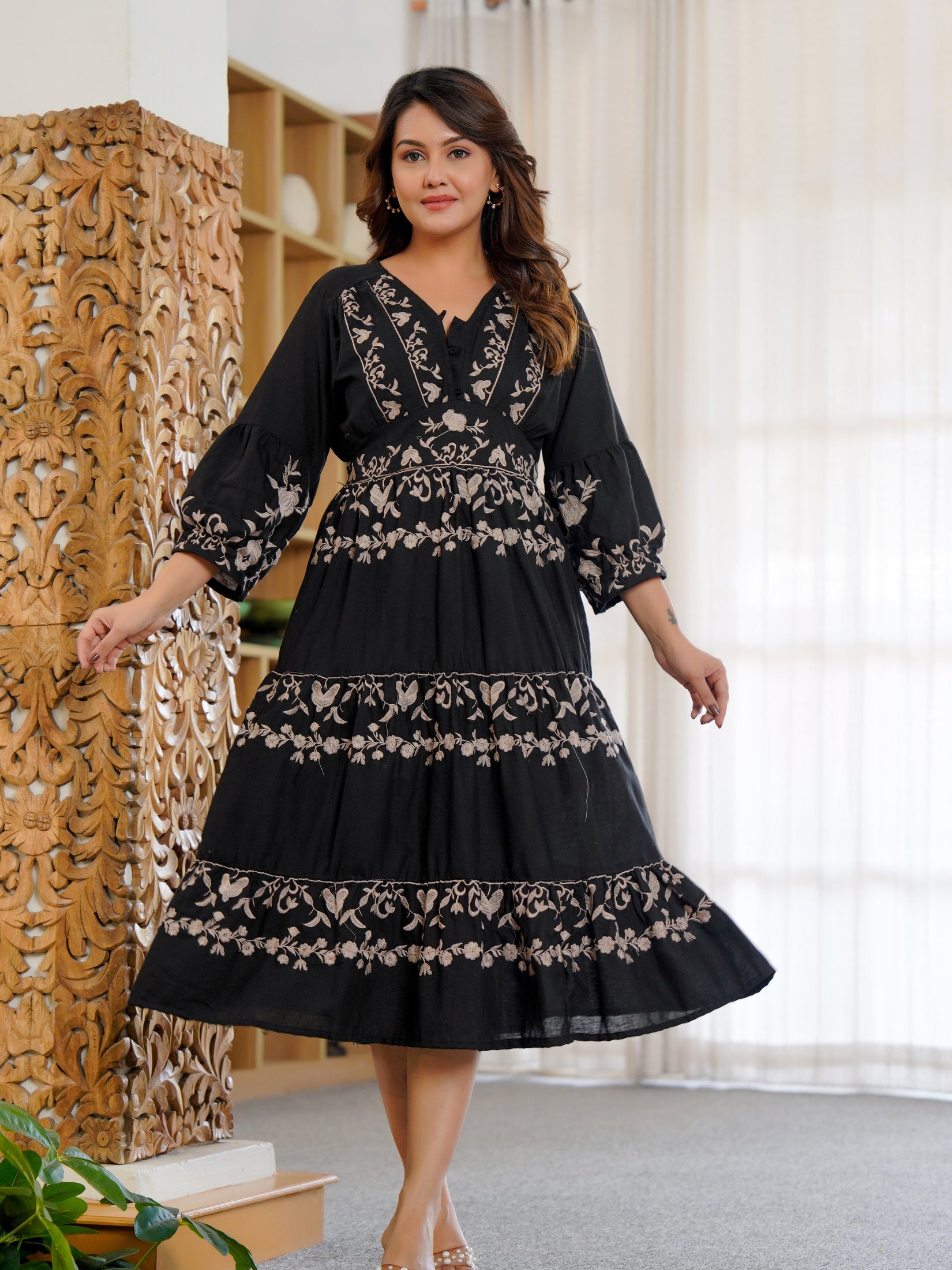 Cotton Hand Embroidered Floral Black Dress