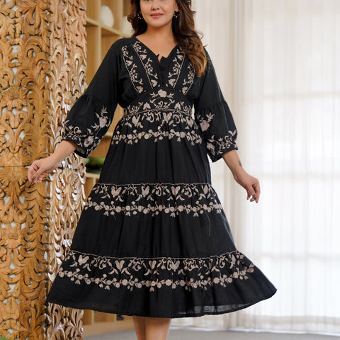 Cotton Hand Embroidered Floral Black Dress
