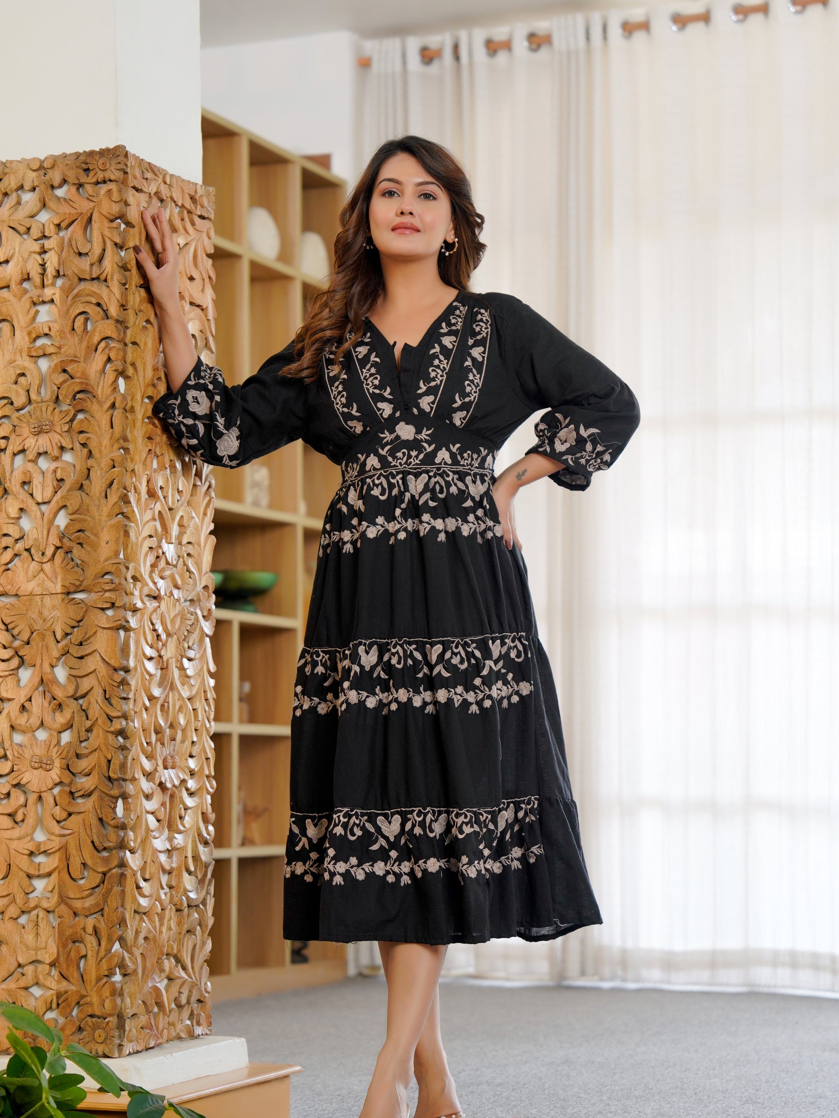 Cotton Hand Embroidered Floral Black Dress