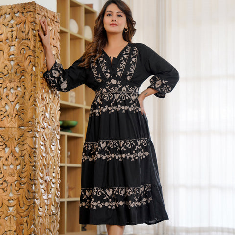 Cotton Hand Embroidered Floral Black Dress