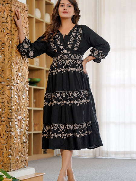 Ebbani Women’s Pure Cotton Emboidered Black Dress