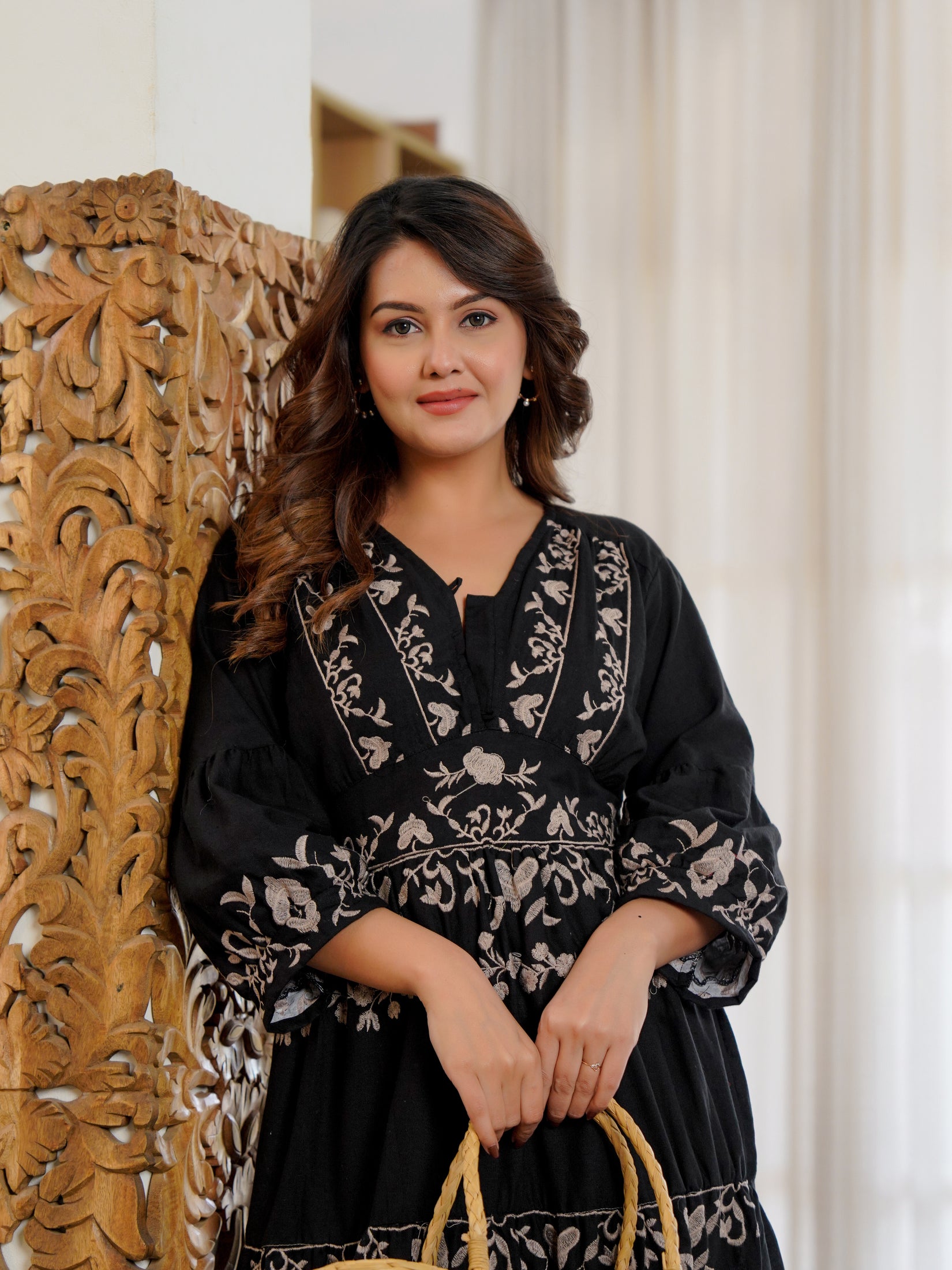 Cotton Hand Embroidered Floral Black Dress
