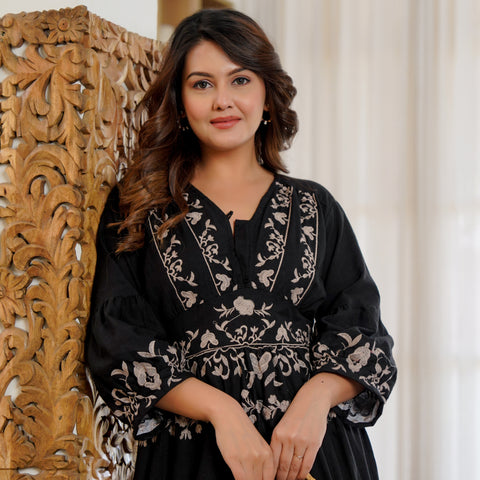 Cotton Hand Embroidered Floral Black Dress