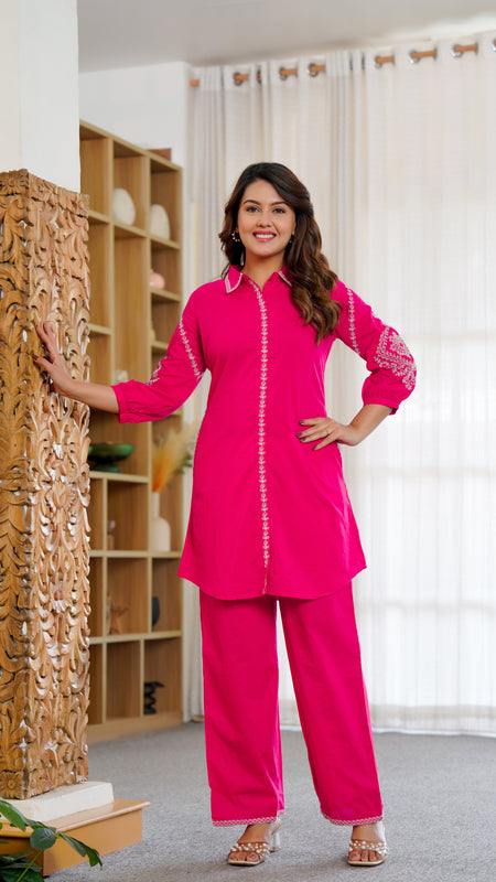 Ebbani Women’s Cotton Embroidered Pink Color Stylish Co-ord Set