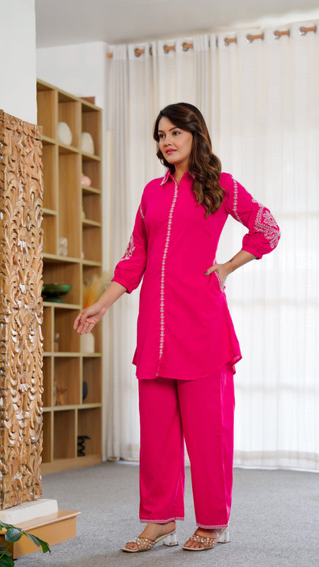 Ebbani Women’s Cotton Embroidered Pink Color Stylish Co-ord Set