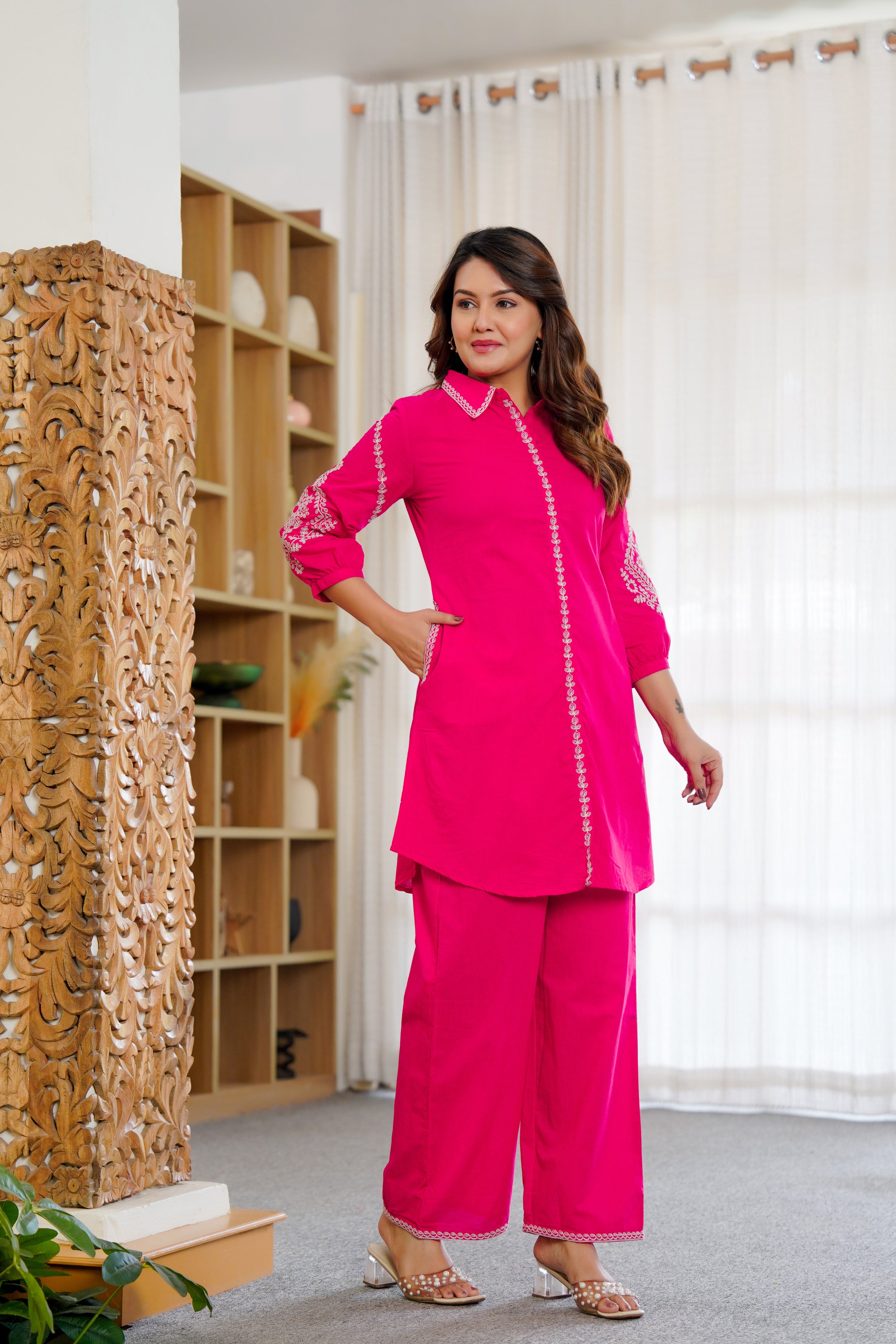Ebbani Women’s Cotton Embroidered Pink Co-ord Set