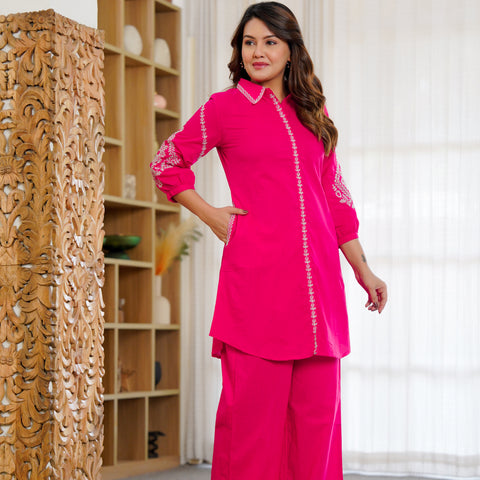 Ebbani Women’s Cotton Embroidered Pink Co-ord Set