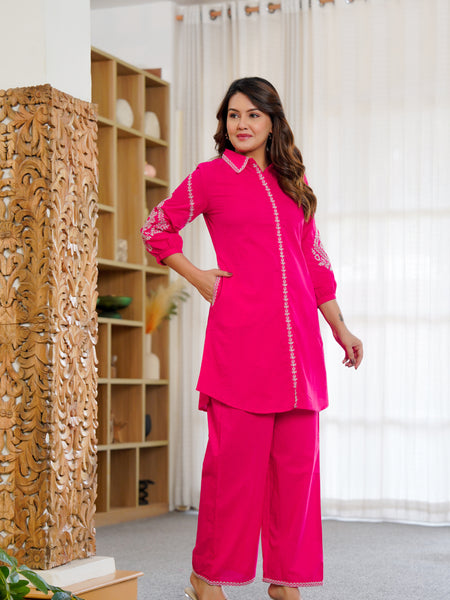 Ebbani Women’s Cotton Embroidered Pink Color Stylish Co-ord Set