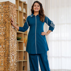 Ebbani Women’s Cotton Embroidered Teal Blue Color Stylish Co-ord Set