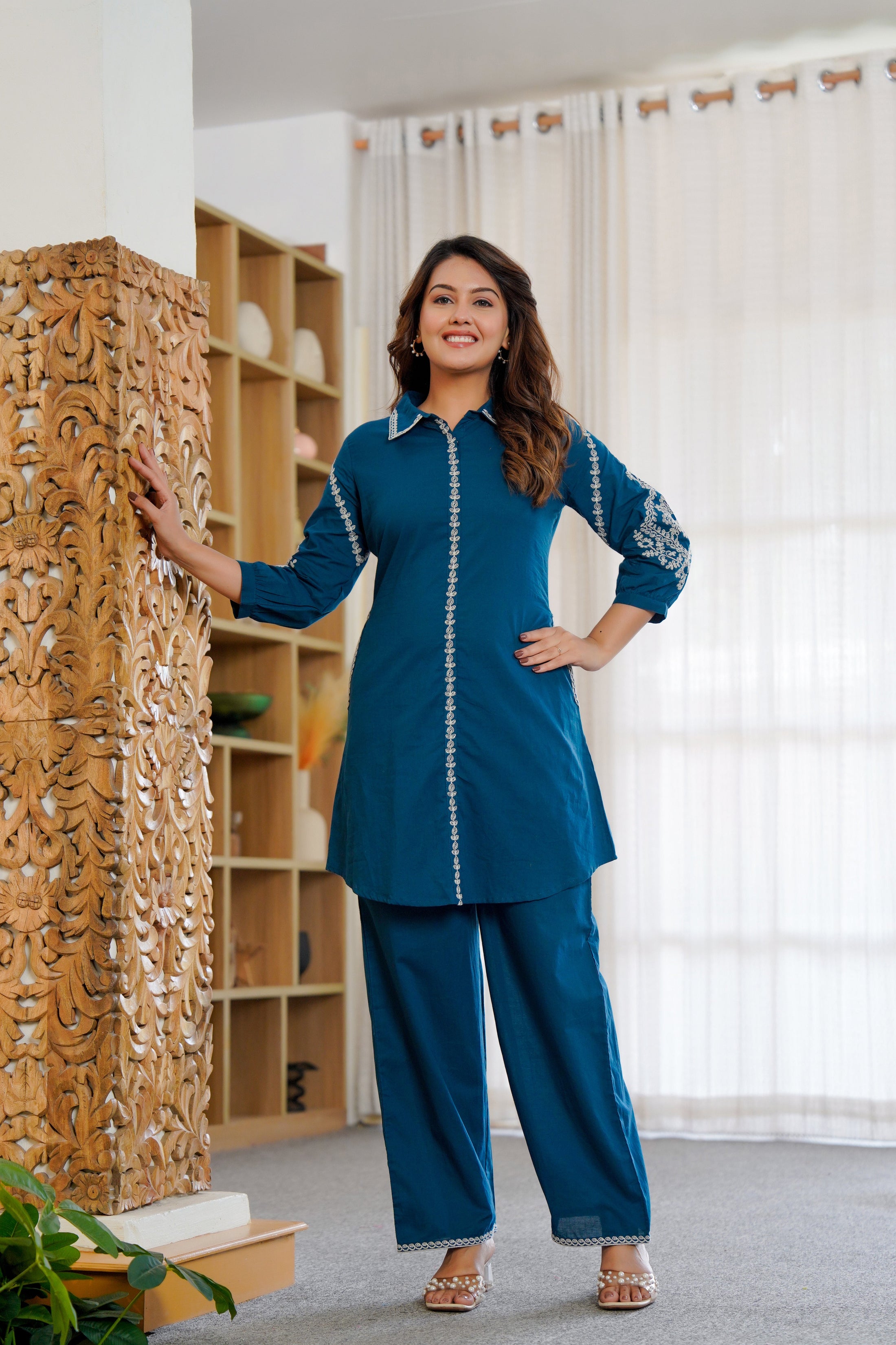 Ebbani Women’s Cotton Embroidered Teal Blue Color Stylish Co-ord Set
