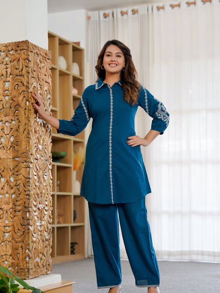 Ebbani Women’s Cotton Embroidered Teal Blue Color Stylish Co-ord Set
