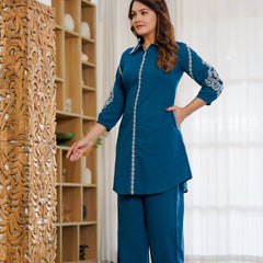Ebbani Women’s Cotton Embroidered Teal Blue Color Stylish Co-ord Set