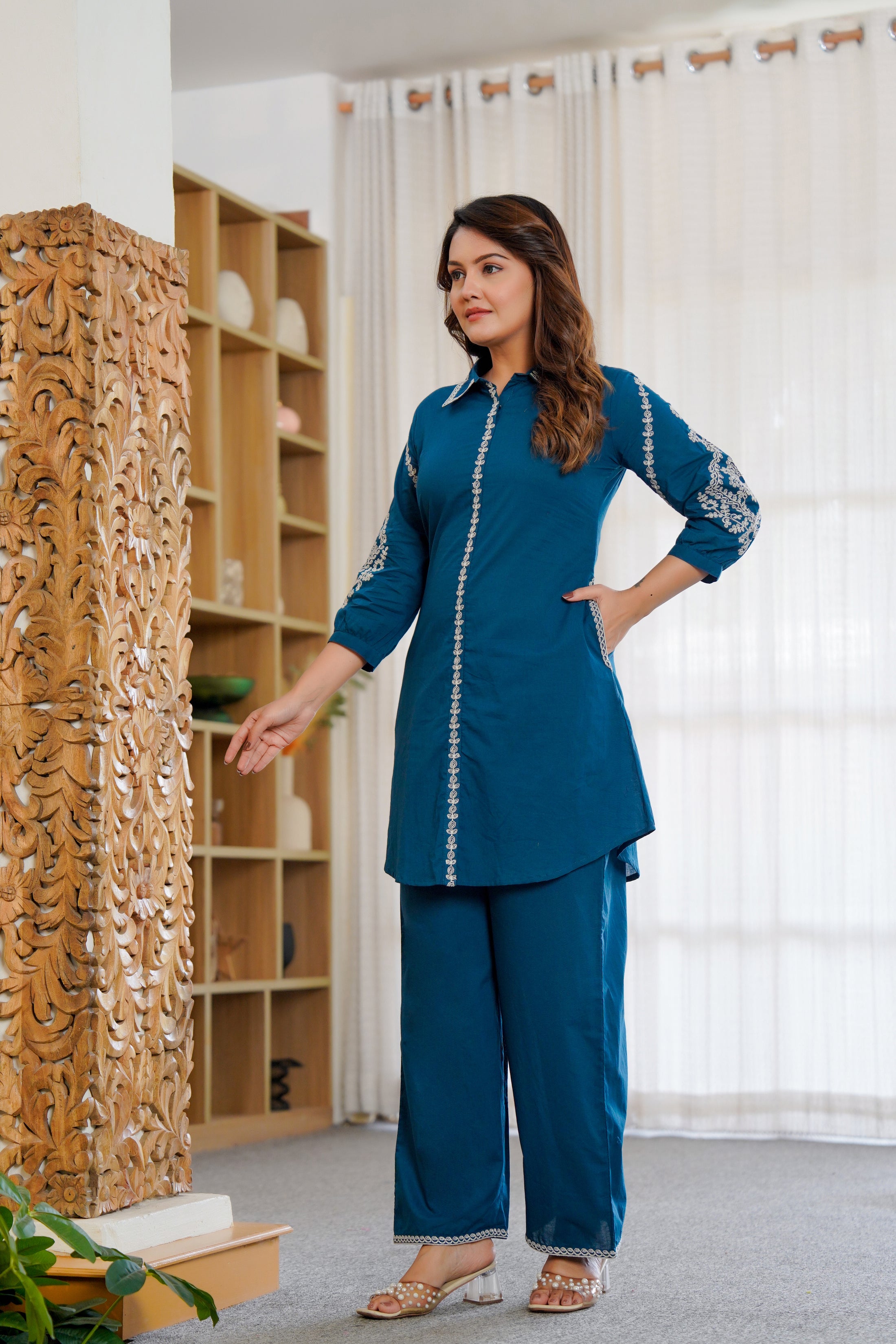 Ebbani Women’s Cotton Embroidered Teal Blue Color Stylish Co-ord Set