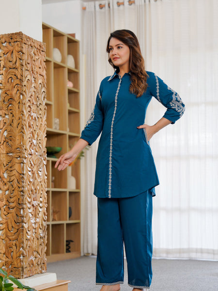 Ebbani Women’s Cotton Embroidered Teal Blue Color Stylish Co-ord Set
