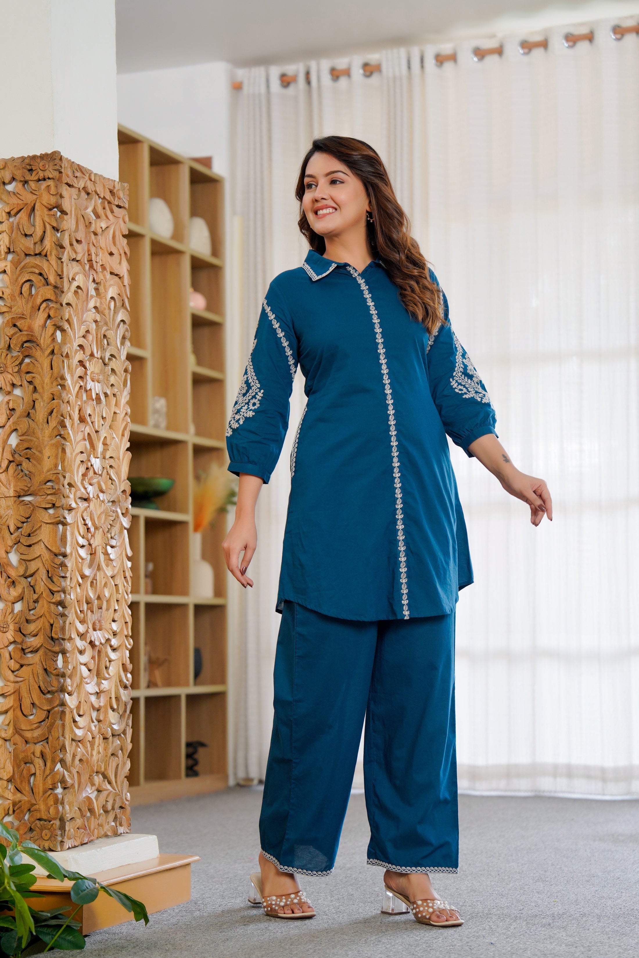 Ebbani Women’s Cotton Embroidered Teal Blue Color Stylish Co-ord Set