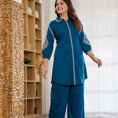 Ebbani Women’s Cotton Embroidered Teal Blue Color Stylish Co-ord Set