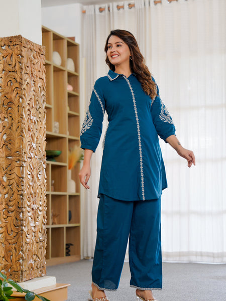 Ebbani Women’s Cotton Embroidered Teal Blue Color Stylish Co-ord Set