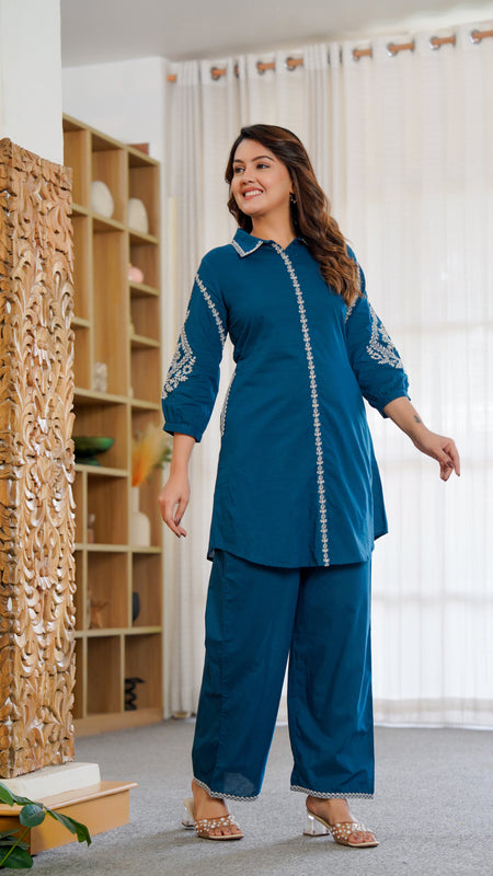 Ebbani Women’s Cotton Embroidered Teal Blue Color Stylish Co-ord Set