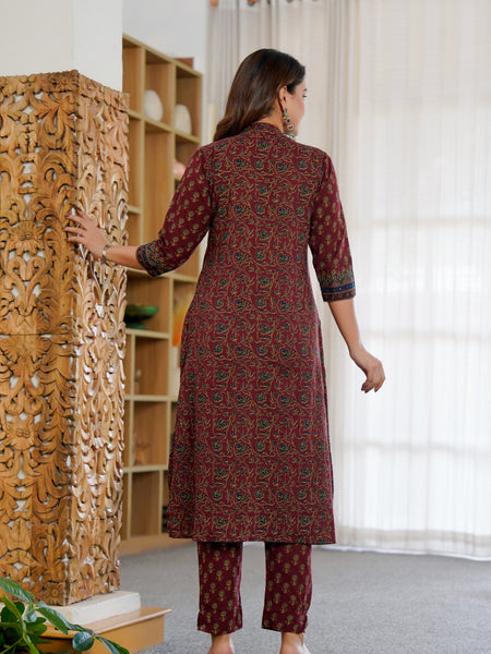 Ebbani Women’s Cotton Motifs Maroon Kurta Set with Dupatta