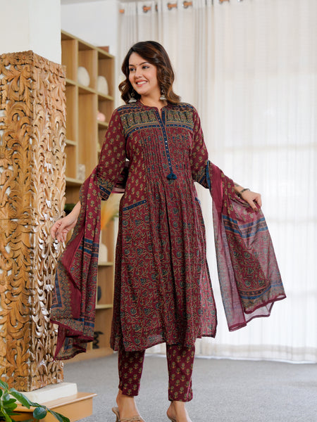Ebbani Women’s Cotton Motifs Maroon Kurta Set with Dupatta