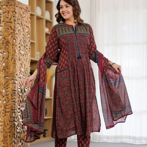 Cotton Motifs Kurta Set with Dupatta