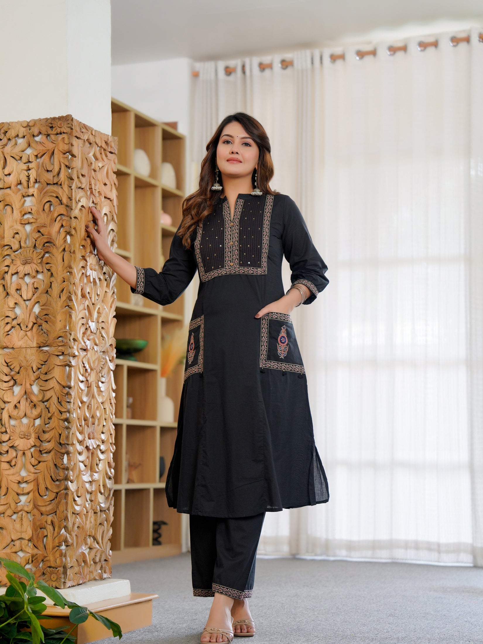 Cotton Embroidered Black Kurta Set with Dupatta