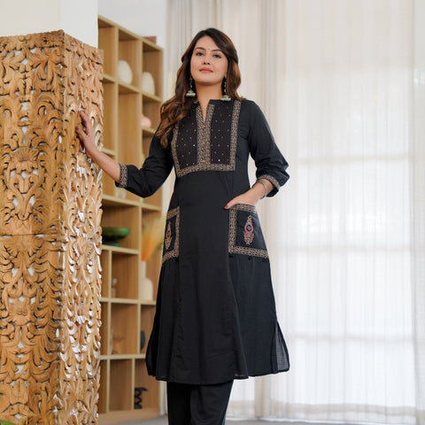 Cotton Embroidered Black Kurta Set with Dupatta