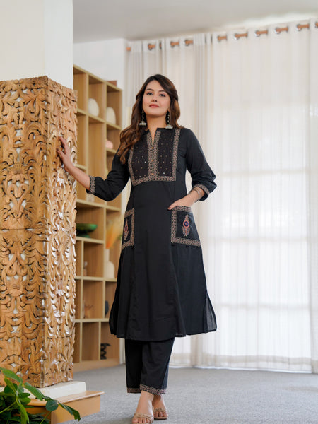 Ebbani Women’s Cotton Embroidered Black Kurta Set with Dupatta