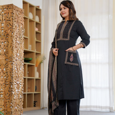 Cotton Embroidered Black Kurta Set with Dupatta