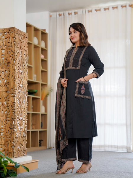 Ebbani Women’s Cotton Embroidered Black Kurta Set with Dupatta