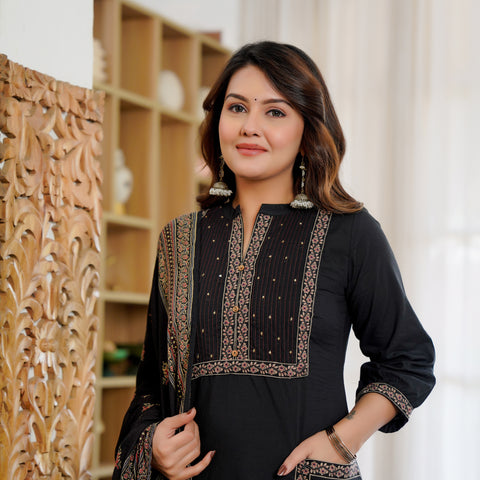 Cotton Embroidered Black Kurta Set with Dupatta