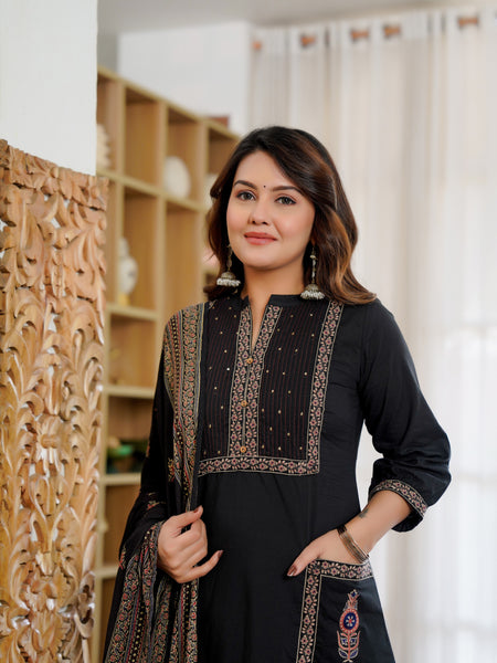 Ebbani Women’s Cotton Embroidered Black Kurta Set with Dupatta