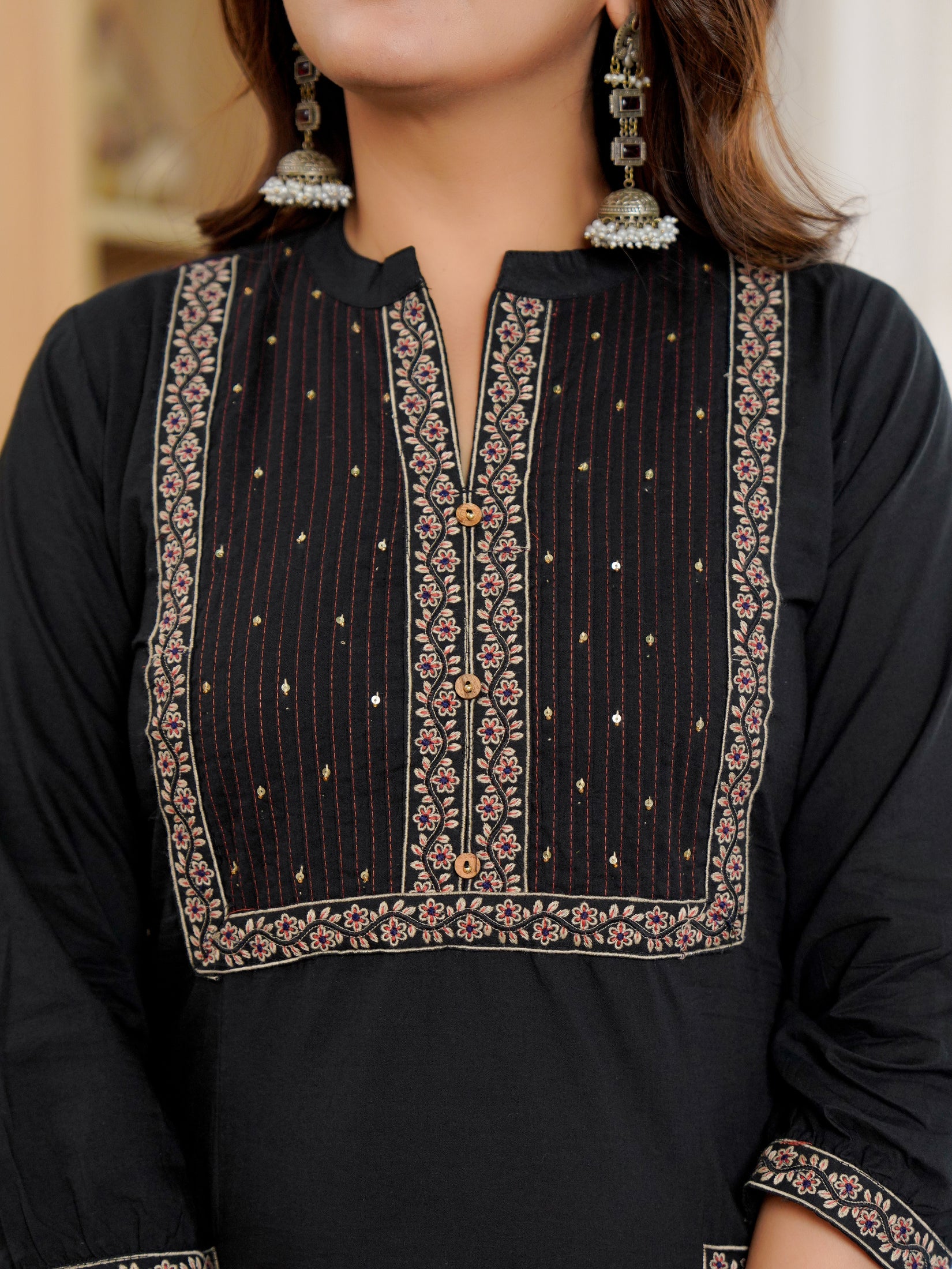 Cotton Embroidered Black Kurta Set with Dupatta