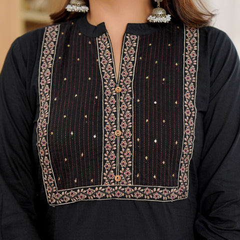 Cotton Embroidered Black Kurta Set with Dupatta