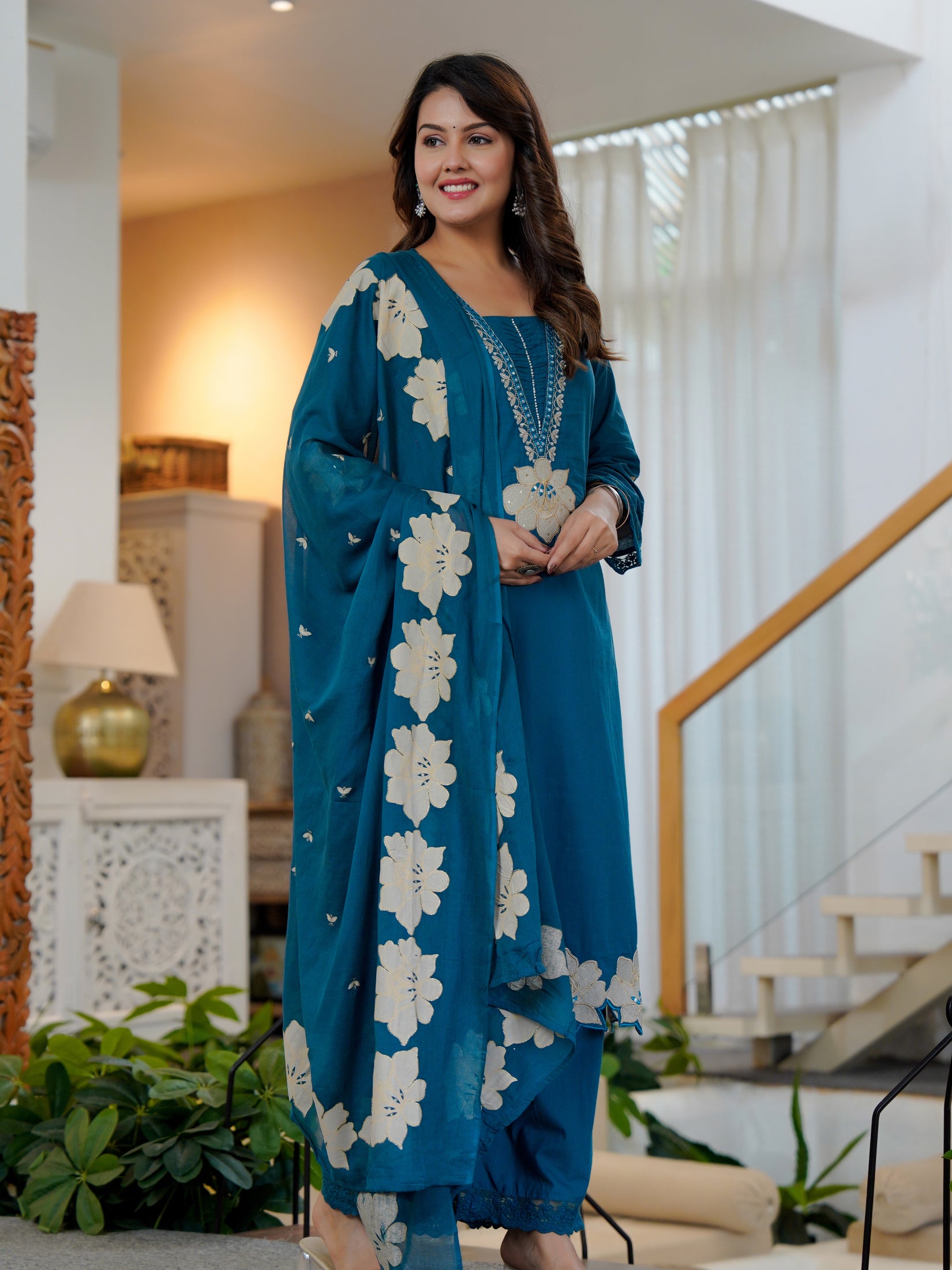 Ebbani Women’s Cotton Embroidered Royal Blue Kurta Set with Dupatta