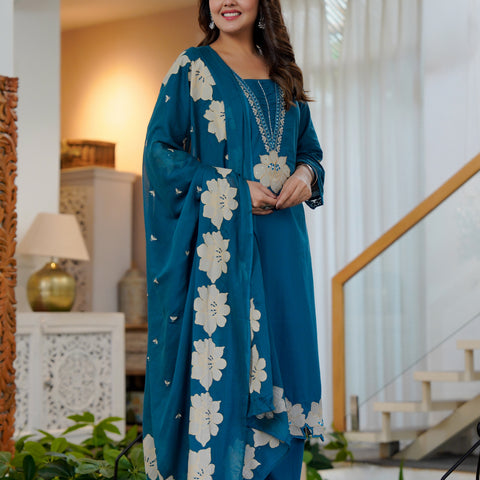 Ebbani Women’s Cotton Embroidered Royal Blue Kurta Set with Dupatta