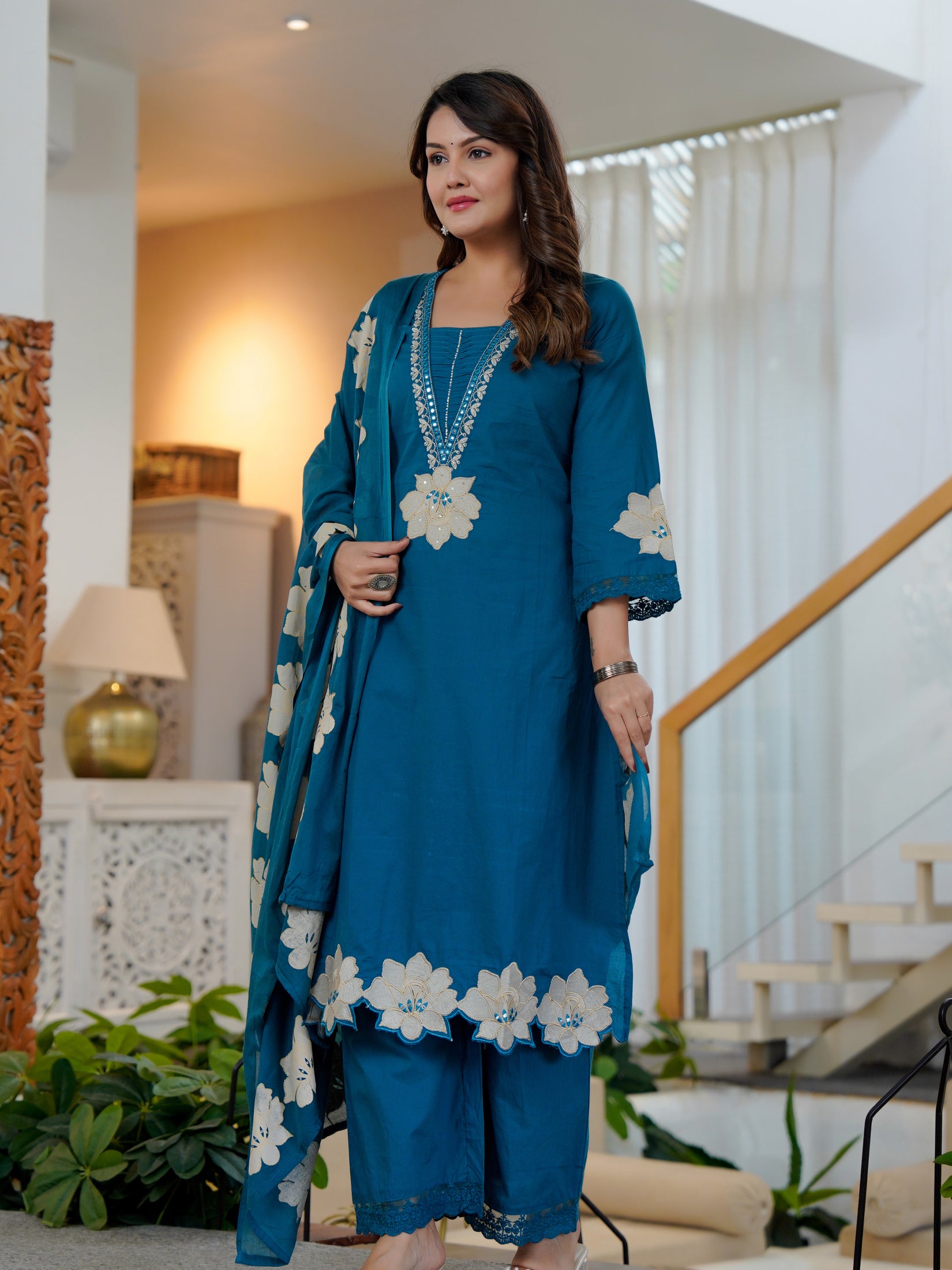Ebbani Women’s Cotton Embroidered Royal Blue Kurta Set with Dupatta