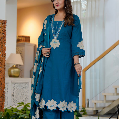 Ebbani Women’s Cotton Embroidered Royal Blue Kurta Set with Dupatta