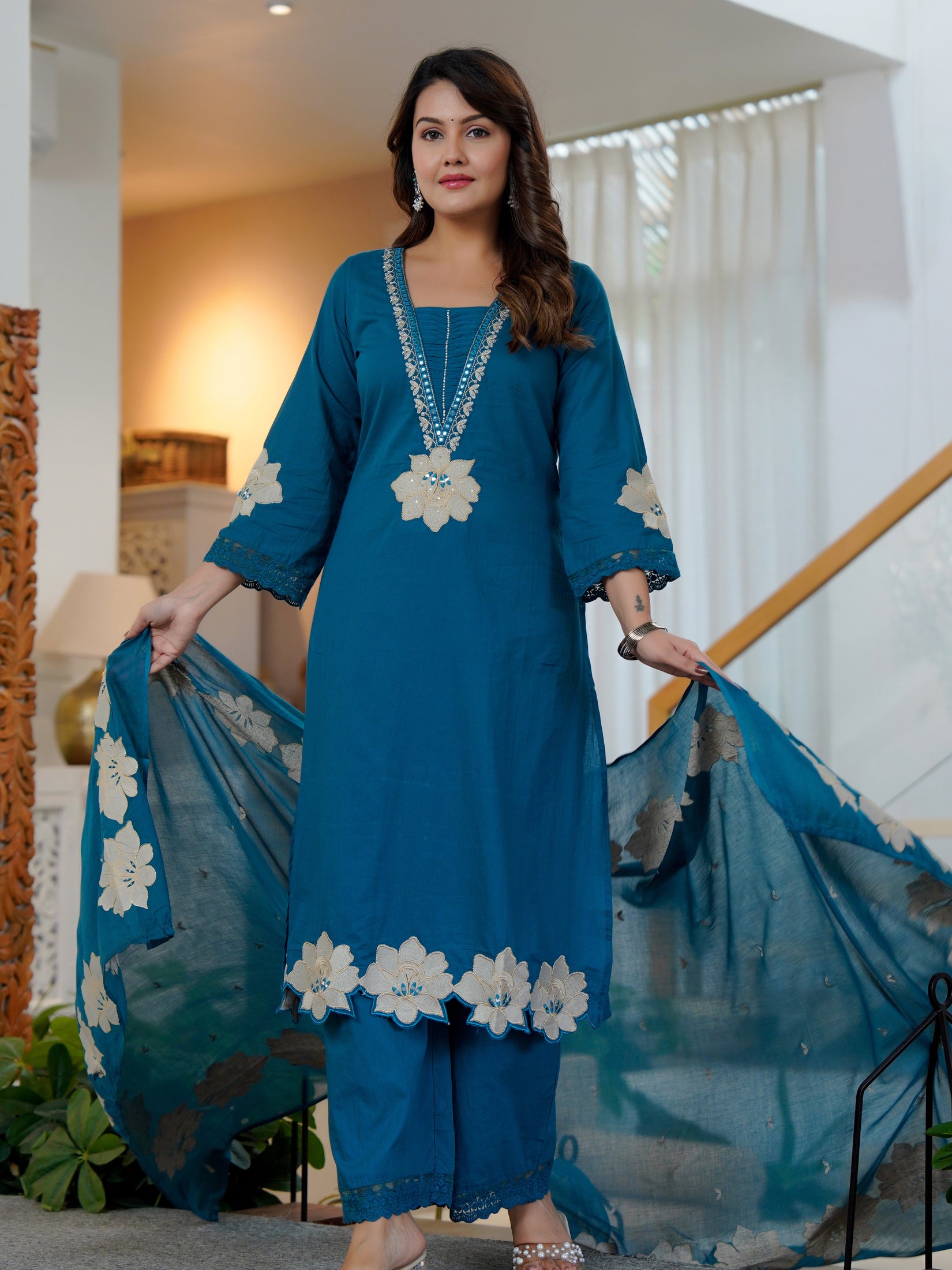 Ebbani Women’s Cotton Embroidered Royal Blue Kurta Set with Dupatta