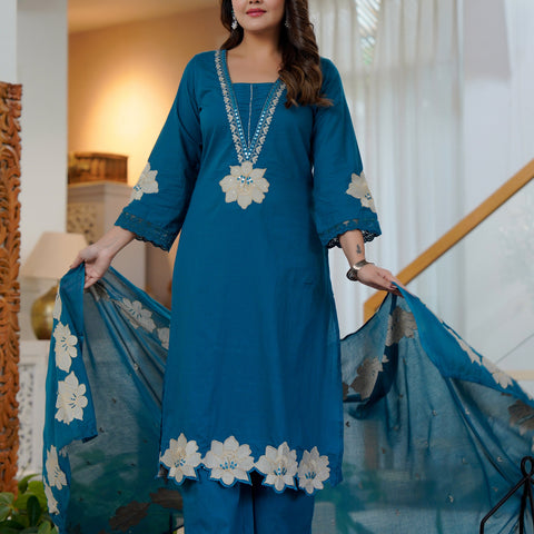 Ebbani Women’s Cotton Embroidered Royal Blue Kurta Set with Dupatta
