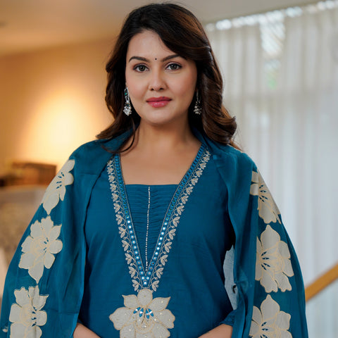 Ebbani Women’s Cotton Embroidered Royal Blue Kurta Set with Dupatta