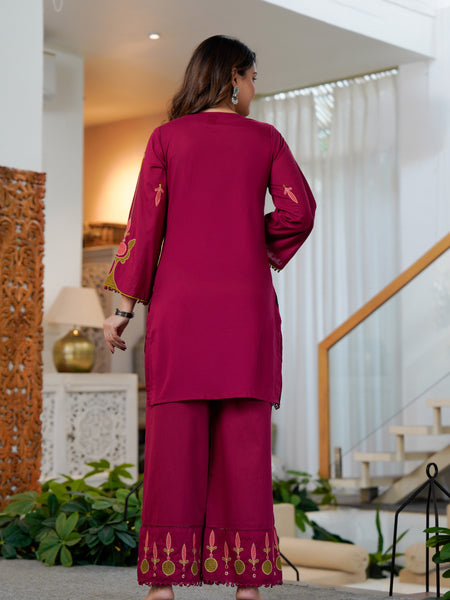 Ebbani Women’s Cotton Embroidered Wine Kurta Set with Dupatta